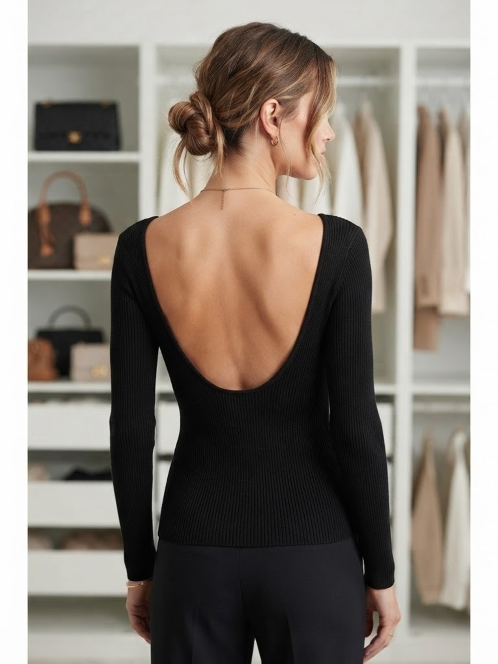 Banana Republic Black Ribbed Long-Sleeve Open-Back Top Size M